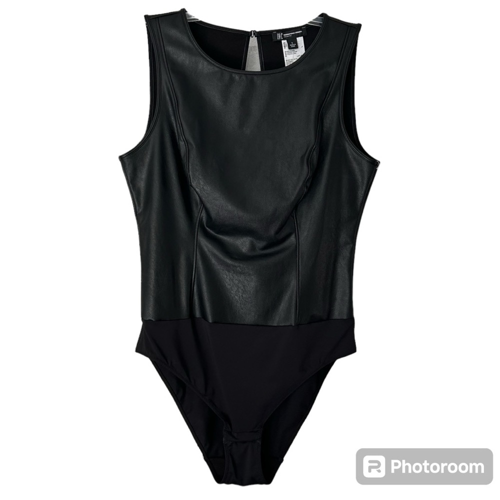 NWT INC Faux Leather Sleeveless Bodysuit, Black, Size Large